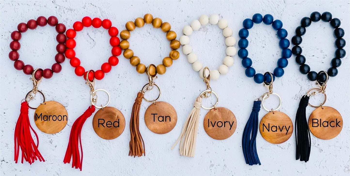 Wood bead key ring with custom engraving & tassel wristlet