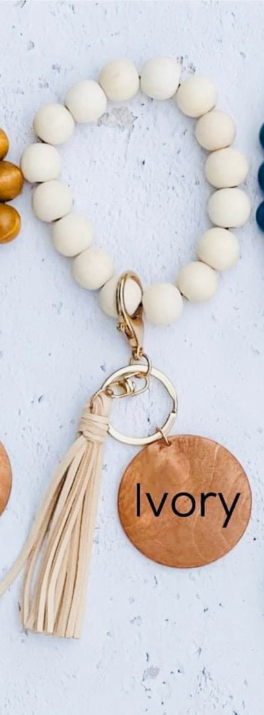 Wood bead key ring with custom engraving & tassel wristlet