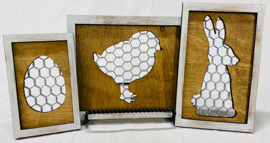 3D EASTER wood chicken wire shelf sitter sign