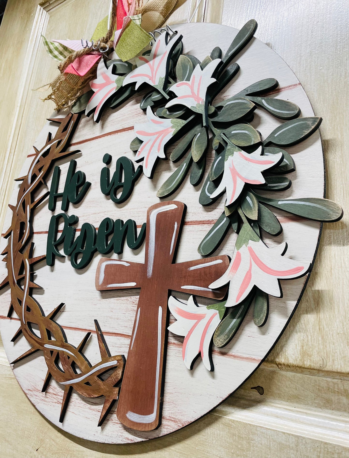 3D EASTER HE IS RISEN ivory door sign